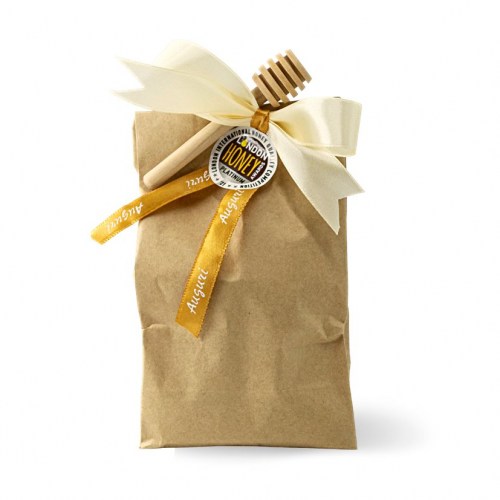 sacchetto di carta porta barattoli miele da 110ml idea regalo con fiocco giallo e dosatore