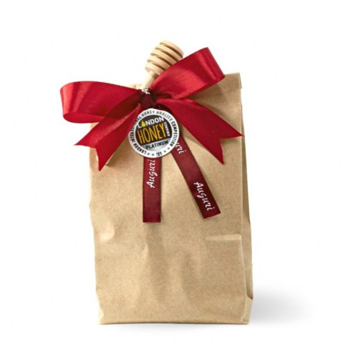 sacchetto di carta porta barattoli miele da 110ml idea regalo con fiocco rosso e dosatore