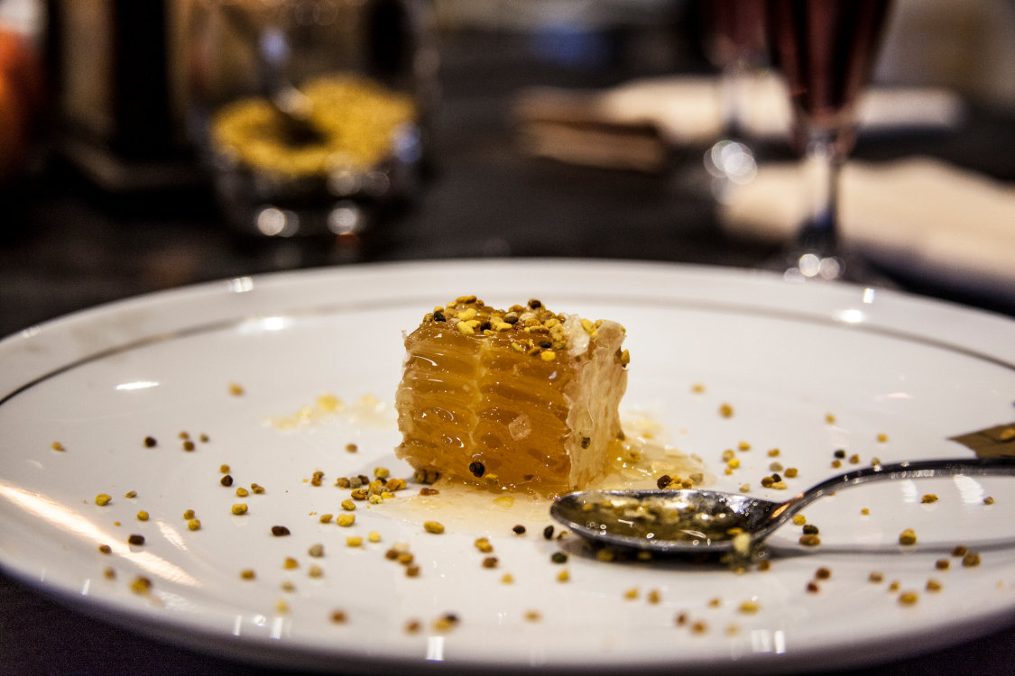 trancio di favo millefiori con polline sul piatto biologico senza trattamenti Bottega Montecchia a Teramo in Abruzzo