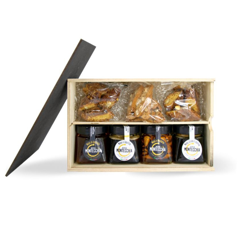 woodbox con fiocco dorato 4 barattoli miele 110ml con biscotti artigianali abruzzesi idea regalo per il Natale e sorprese